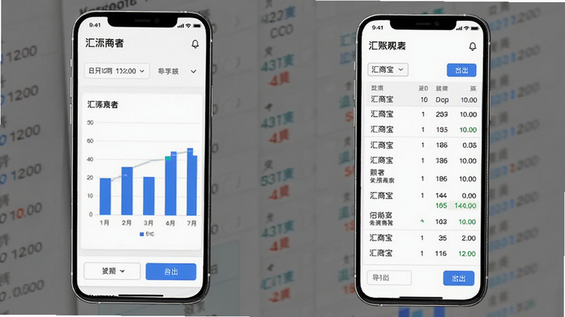 主体为汇商宝对账报表界面,布局为手机屏幕,展示柱状图与列表数据,排版整齐,风格为极简商务白,细节包含日期筛选与导出按钮,画质高清,干净,无多余元素