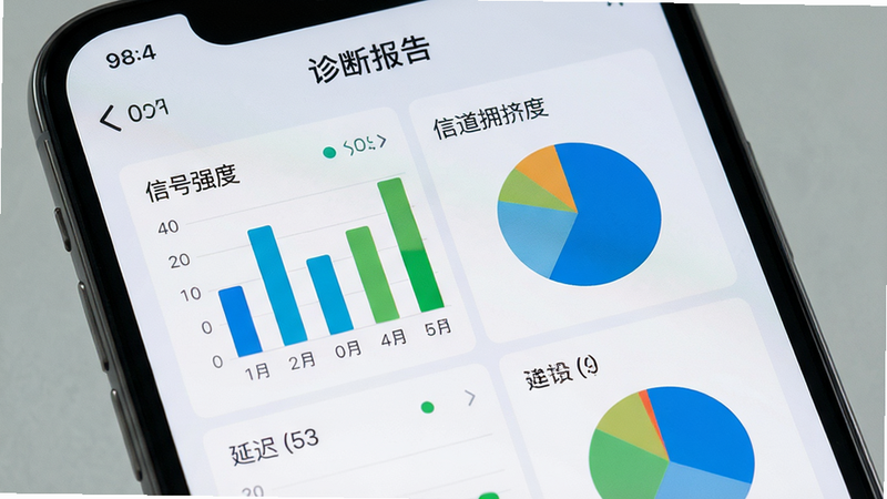 �ֻ�APP������д����ʾ����ϱ��桱ҳ�棬�г�����ָ�����ź�ǿ�ȡ��ŵ�ӵ���ȡ��ӳٵȣ���������״ͼ�ͱ�ͼչʾ�����������׶�������Ϊǳ��ɫ��ͻ�����ݿ��ӻ�Ч��������UI���