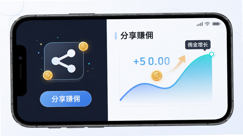 主体为手机界面,显示分享功能按钮与佣金收益图表,布局左右分栏,左侧为分享图标,右侧为收益曲线图,排版简洁明了,风格科技感与亲和力并存,细节包含金币图标与数字增长动画效果,画质高清,干净,无多余元素,文字显示“分享赚佣”
