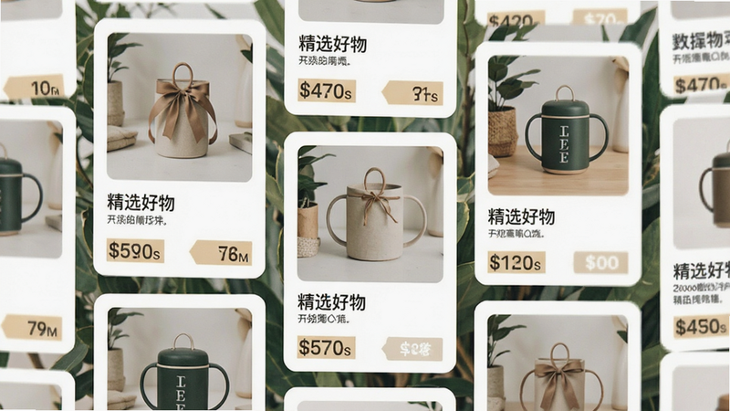 主体为多个商品展示卡片,布局呈瀑布流排列,排版错落有致,风格清新自然,细节包含商品实物图、简短描述与价格标签,画质清晰,干净,无多余元素,文字显示“精选好物”