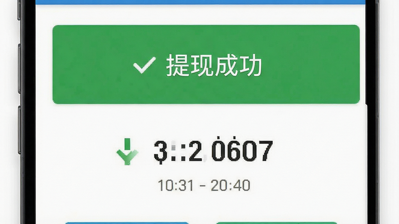 主体为支付界面截图,显示提现成功提示与到账通知,布局居中突出,排版紧凑,风格安全可信,细节包含绿色对勾图标、金额数字与时间戳,画质清晰,干净,无多余元素,文字显示“提现成功”