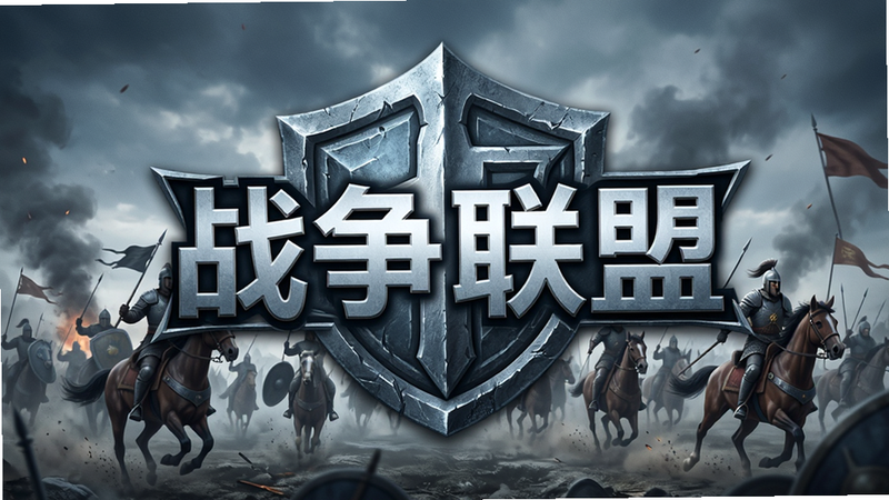 一张高质量的游戏宣传海报,主体为《战争联盟》的Logo,背景是激烈的古代战场,骑兵冲锋,硝烟弥漫,色调偏冷峻金属风,文字“战争联盟”醒目居中,高清,4k,无水印,干净背景