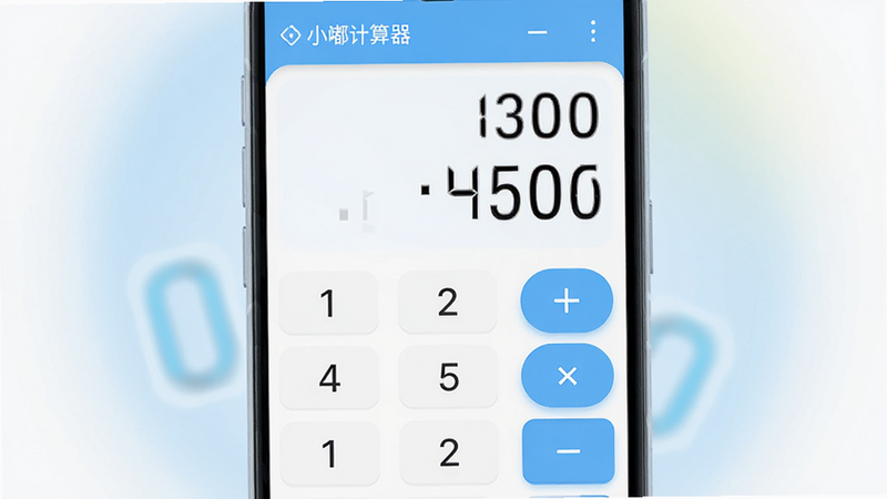主体为一款名为小嘟计算器的安卓手机应用界面,布局清晰简洁,采用浅蓝色与白色为主色调,排版整齐,风格现代简约。屏幕中央显示大号数字结果区域,下方是标准的数字键盘和功能键,细节处可见高亮显示的加减乘除符号,画质高清,干净无多余元素,背景为柔和的渐变光晕,突出应用的专业性与易用性。