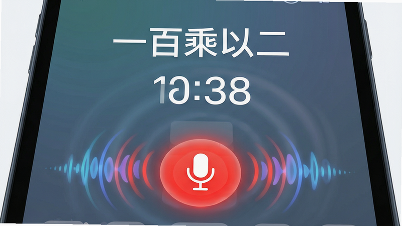 主体为小嘟计算器的语音交互界面,布局聚焦于屏幕底部的麦克风图标,该图标呈红色高亮状态,周围有动态声波波纹效果。排版上,上方显示识别出的文字指令“一百乘以二”,下方即时显示计算结果。风格科技感强,细节表现为声波线条的流畅渐变,画质清晰,干净背景,无其他干扰元素,强调语音识别的灵敏度与准确性。