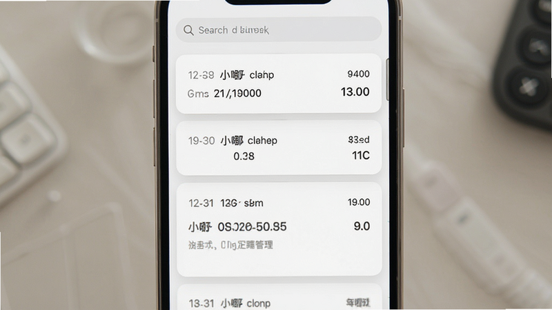 主体为小嘟计算器的历史记录列表界面,布局为垂直滚动列表,每条记录显示时间、表达式和结果。排版清晰,采用卡片式设计,风格简约现代。细节处可见搜索栏位于顶部,支持关键词筛选,列表项之间有细微分隔线。画质柔和,干净背景,无杂乱图标,强调数据管理的便捷性与条理性。
