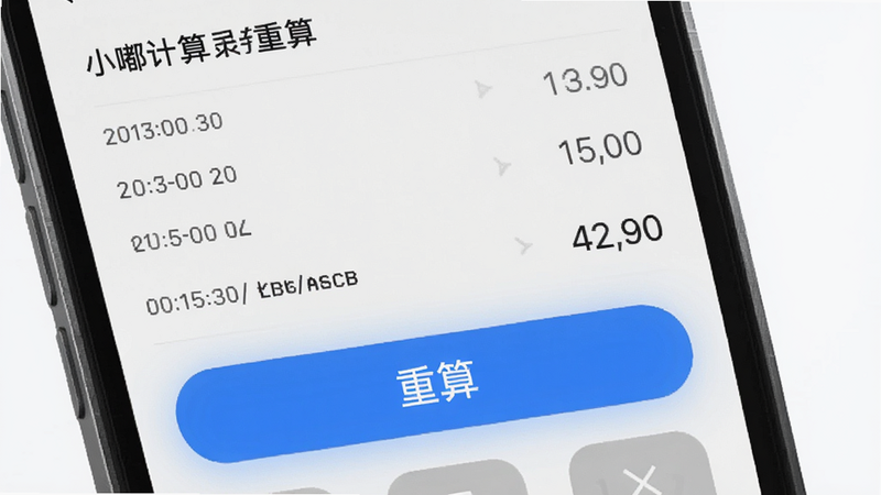 主体为小嘟计算器的历史记录与重算功能界面,布局突出“重算”按钮的高亮状态。排版简洁,风格现代。细节处可见时间戳与表达式清晰显示,按钮采用蓝色高亮设计。画质清晰,干净背景,无多余元素,强调操作的高效性与便捷性。