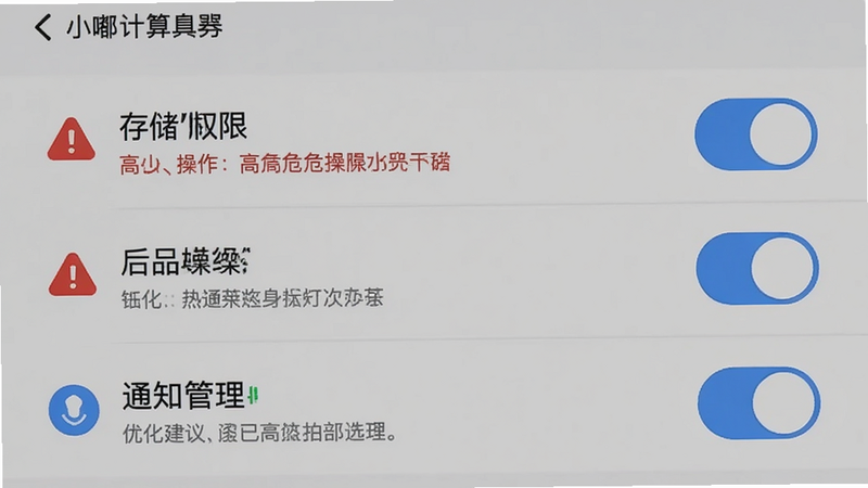 主体为小嘟计算器的设置界面,布局包含存储权限、后台运行、通知管理等选项开关。排版清晰,风格简洁。细节处可见红色警示图标提示高危操作,蓝色图标提示优化建议。画质清晰,干净背景,无多余元素,强调设置项的重要性与安全性。
