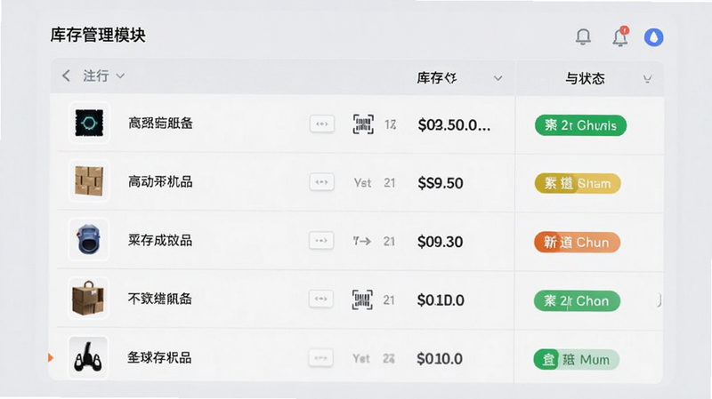 展示库存管理模块的UI设计,主体为列表界面,左侧显示商品缩略图与名称,右侧显示库存数量与状态标签,背景为浅灰色,排版整齐,风格科技感,细节包含扫码图标,画质高清,干净
