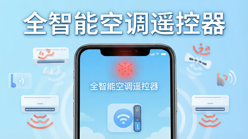 主体为一部现代智能手机,屏幕中央显示“全智能空调遥控器”应用界面,界面设计简洁清新,背景为浅蓝色渐变。布局上,手机占据画面中心,周围漂浮着几个简化的空调图标和红外波信号波纹,象征信号发射。排版清晰,文字“全智能空调遥控器”位于屏幕顶部,字体醒目。风格为扁平化科技风,细节处体现红外发射孔的光效。画质高清,干净,无多余杂乱元素,色彩明亮舒适。