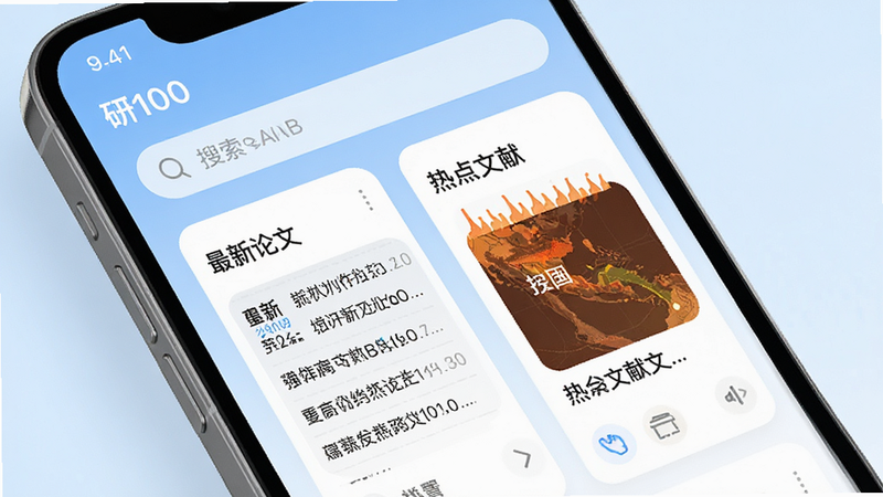 主体为智能手机屏幕,显示“研100”APP首页界面,背景为干净的浅蓝色渐变,布局采用卡片式设计,顶部有搜索栏,中间展示“最新论文”和“热点文献”两个板块,排版整齐,风格现代简约,细节包含清晰的图标和文字,画质高清,干净,无多余元素