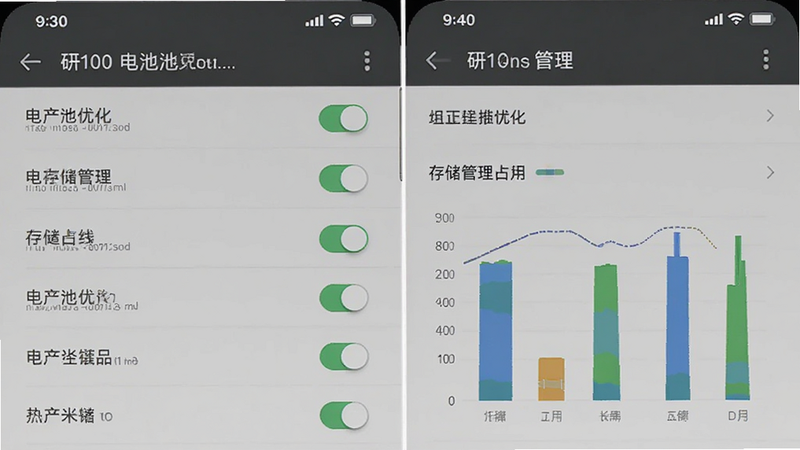 主体为手机设置界面,展示“研100”的电池优化和存储管理页面,布局为列表式,排版清晰,风格系统原生灰,细节包含开关按钮和存储占用图表,画质清晰,干净,无多余元素