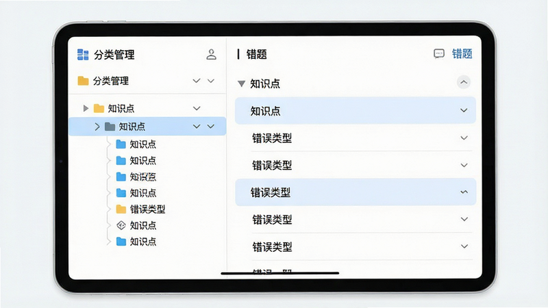 主体为平板或大屏手机界面,展示树状目录结构,布局为左侧目录树,右侧错题列表,风格为极简商务风,细节包含折叠箭头和高亮选中状态,画质高清,干净,无多余元素,文字内容包含“分类管理”、“知识点”、“错误类型”