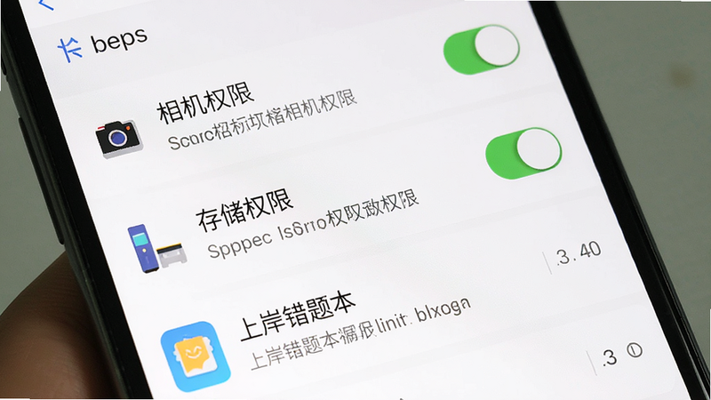 主体为手机设置界面,显示权限管理列表,布局为列表形式,风格为系统原生UI,细节包含开关状态和权限说明文字,画质清晰,干净,无多余元素,文字内容包含“相机权限”、“存储权限”、“上岸错题本”