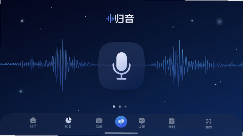 主体为“归音”App界面全景图,布局采用现代扁平化设计,背景为深空蓝渐变,中央显示简洁的波形图与麦克风图标,顶部有“归音”Logo,底部为功能导航栏,风格科技感强,细节清晰,画质4k,干净,无多余元素