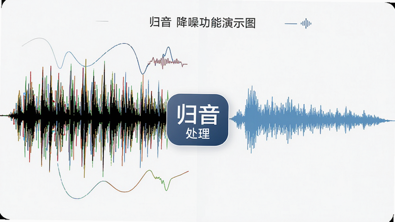 主体为“归音”降噪功能演示图,布局左右对比结构,左侧显示嘈杂波形,右侧显示平滑波形,中间有“归音”处理标识,风格简洁明了,细节突出波形变化,画质高清,干净,无多余元素