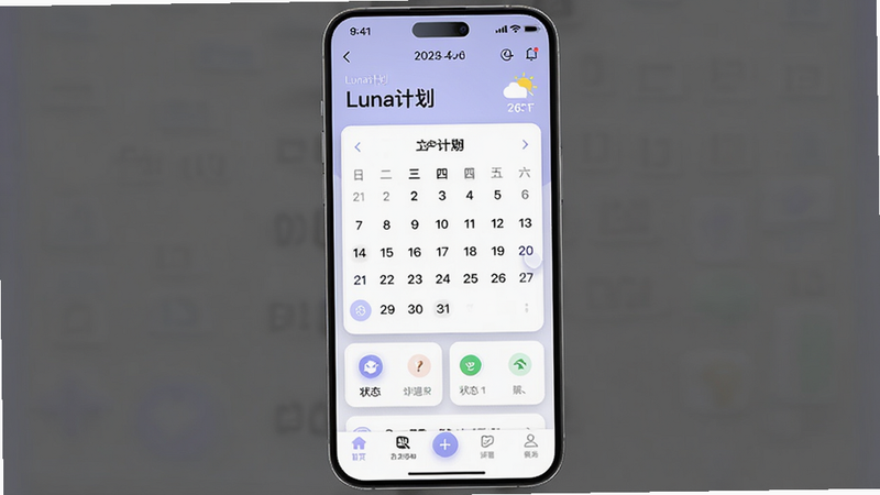 主体为Luna计划APP的主界面截图,布局居中,顶部显示日期与天气,中间核心区域为日历视图与状态图标,底部为导航栏,风格清新简约,采用淡紫色与白色为主色调,细节处有柔和的阴影效果,画质高清,干净,无多余元素,文字包含'Luna计划',中文