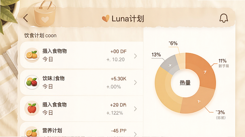 主体是Luna计划APP的饮食记录界面,布局为列表式,展示今日摄入食物与热量饼图,风格温馨自然,采用暖色调,细节处有食物图标与营养数值,画质高清,干净,无多余元素,文字包含'Luna计划',中文