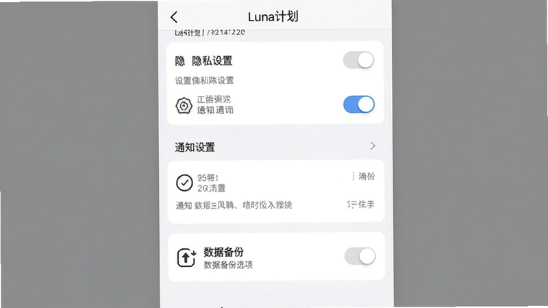 主体是Luna计划APP的设置界面,布局为垂直列表,展示隐私设置、通知设置、数据备份选项,风格简洁现代,色调灰白,细节包含开关按钮与图标,画质清晰,干净,无多余元素,文字包含'Luna计划',中文