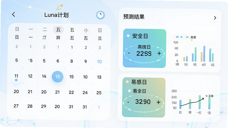 主体是Luna计划APP的周期预测页面,布局清晰,左侧为日历模块,右侧为预测结果卡片,显示高亮的安全日与易感日,风格科技感与亲和力并存,色调柔和,细节包含数据图表,画质清晰,干净,无多余元素,文字包含'Luna计划',中文