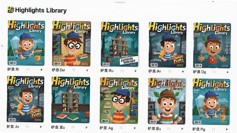 主体为Highlights Library应用界面,布局展示杂志封面网格,排版整洁有序,风格现代简约,细节清晰呈现文字与图片比例,画质高清,干净无多余元素,文字