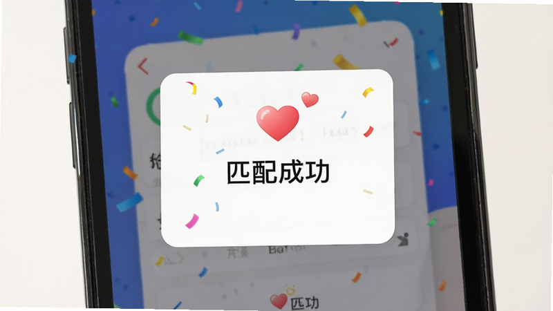 主体为手机屏幕上的匹配成功页面,布局为居中弹窗,排版简洁,风格为庆祝氛围,细节包含“匹配成功”字样与心形图标,画质明亮,干净,无多余元素