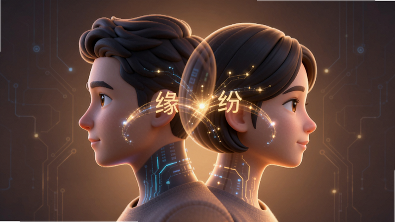 主体为两个虚拟人物头像重叠的图形,布局为对称式,排版居中,风格为科技感与温馨感结合,细节包含连接两头像的光带,象征缘分连接,画质清晰,干净,无多余元素