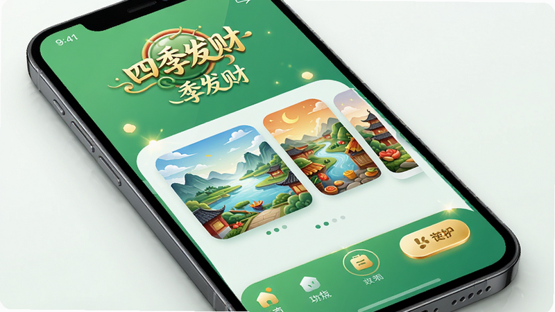 主体为手机屏幕显示“四季发财”APP界面,布局采用清新绿色与金色搭配,顶部有醒目的Logo,中间展示四季风景卡片,底部有功能导航栏,风格为现代扁平化UI设计,细节包含微光特效与圆润按钮,画质8k高清,干净,无多余元素