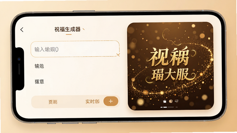 主体为手机界面,展示祝福生成器页面,布局左侧为输入框,右侧为实时预览卡片,风格为温馨暖色调,细节显示金色文字特效与动态粒子背景,画质清晰,干净,无多余元素