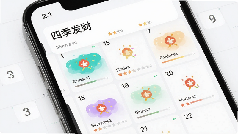 主体为手机日历界面,显示“四季发财”运势模块,布局为网格状日期格子,每个格子带有不同颜色的运势图标,风格为简约科技风,细节包含日期数字与运势评分条,画质高分辨率,干净,无多余元素
