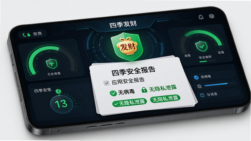 主体为手机安全检测界面,显示“四季发财”应用安全报告,布局为仪表盘样式,绿色代表安全,细节包含“无病毒”、“无隐私泄露”标签,风格为科技感,画质高清,干净,无多余元素