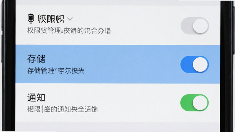 主体为手机设置界面,显示权限管理页面,布局为列表形式,高亮显示“存储”与“通知”权限开关,风格为简洁系统UI,细节包含开关状态与权限说明文字,画质清晰,干净,无多余元素
