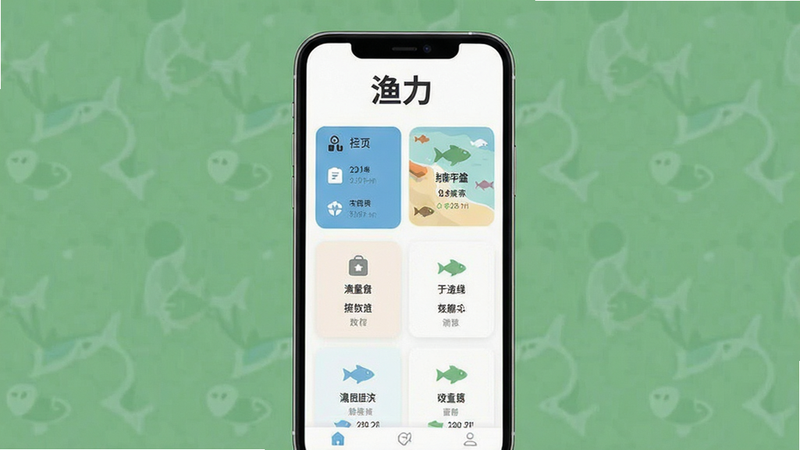主体为渔力App的手机界面截图,布局清晰展示主菜单和功能模块,排版简洁现代,风格为扁平化UI设计,细节包含图标清晰、色彩搭配柔和,画质高清无噪点,干净背景,无多余元素,文字“渔力”醒目显示在顶部