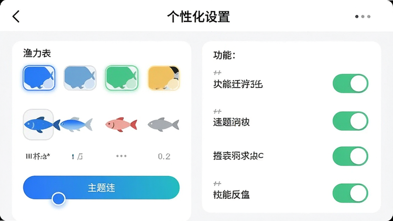 主体为渔力App的设置界面,布局展示主题颜色选择和功能开关列表,排版整齐有序,风格为现代简约风,细节显示滑块和按钮的高亮状态,画质清晰,干净背景,无多余元素,文字“个性化设置”位于顶部标题栏