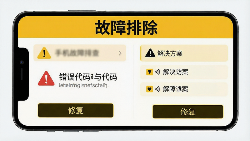 主体为手机故障排查界面,布局展示错误代码和解决方案列表,排版清晰易读,风格为警示黄色调,细节显示警告图标和修复按钮,画质清晰,干净背景,无多余元素,文字“故障排除”位于顶部