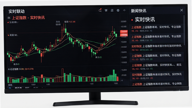 主体为实时行情看板,布局为多屏联动,左侧为K线图,右侧为新闻快讯流,风格专业深色模式,细节处有红色与绿色K线对比,画质锐利,文字显示为