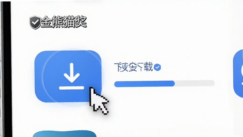 应用商店界面展示“金熊猫奖”下载按钮,鼠标指针悬停在下载图标上,旁边显示进度条,界面风格简洁现代,蓝色主色调,强调安全下载标识,高清清晰,无杂乱背景