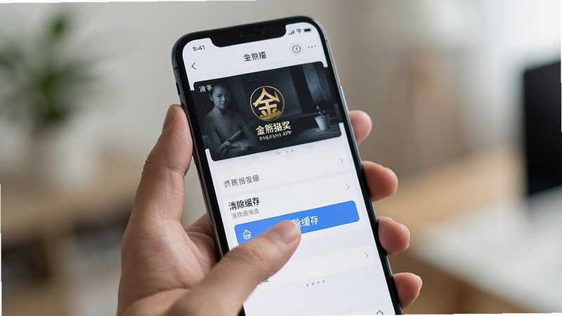 一部现代智能手机手持展示“金熊猫奖”APP的设置界面,手指正在点击“清除缓存”按钮,背景虚化处理,突出屏幕内容,光影柔和,真实感强,高清细节,无多余元素