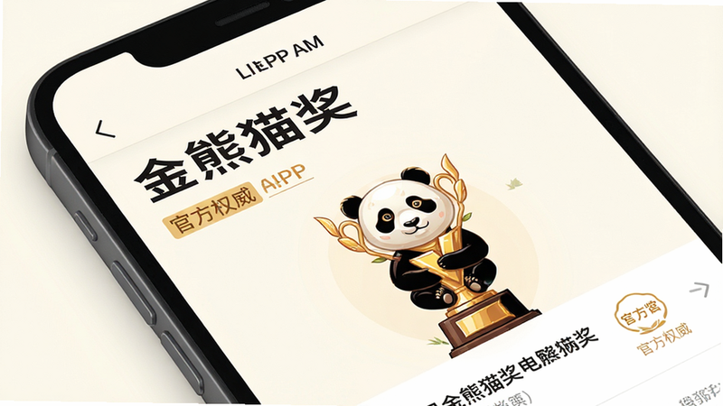 手机屏幕特写,显示“金熊猫奖”APP的资讯列表页面,标题清晰,配以精美的熊猫奖杯插画,背景为柔和的米白色,文字排版疏密有致,突出“官方权威”字样,风格现代简约,高清细节,干净无杂质