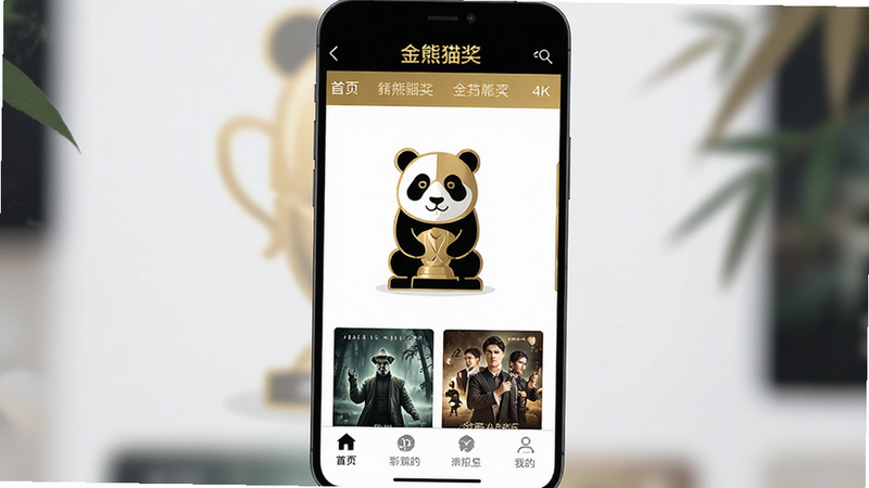 一张高清扁平化风格的应用界面展示图,主体为“金熊猫奖”APP首页,顶部导航栏清晰可见,中间区域展示着熊猫造型的奖杯图标和精选影片海报,底部为功能菜单栏,整体色调以黑白金为主,布局整洁有序,细节精致,4K画质,无多余元素
