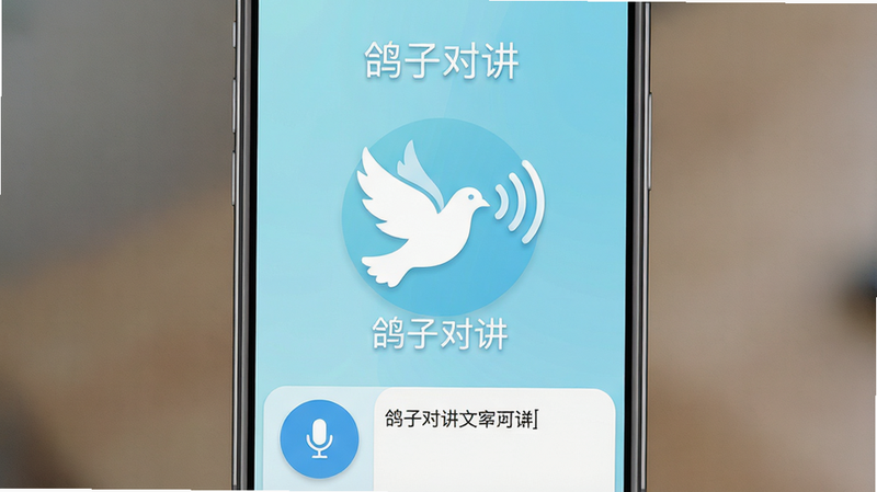 主体为一款名为“鸽子对讲”的安卓手机应用界面展示,布局采用简洁的居中对称式设计,背景为清新的淡蓝色渐变,中间有一个白色的鸽子图标正在发出声波波纹,下方排列着清晰的语音输入按钮和文字显示区域,风格为现代扁平化UI设计,细节处体现柔和的光影效果,画质高清,干净无多余元素,文字“鸽子对讲”清晰可见
