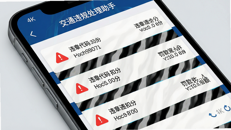 主体为手机屏幕特写,显示“交通违规处理助手”APP的查询结果页,界面呈现列表样式,每条记录包含红色警示图标、违章代码、扣分分值及罚款金额。布局紧凑有序,排版采用斑马纹背景区分条目,风格科技感强,细节显示数据刷新图标,画质4k,清晰锐利,无水印,浅灰色背景