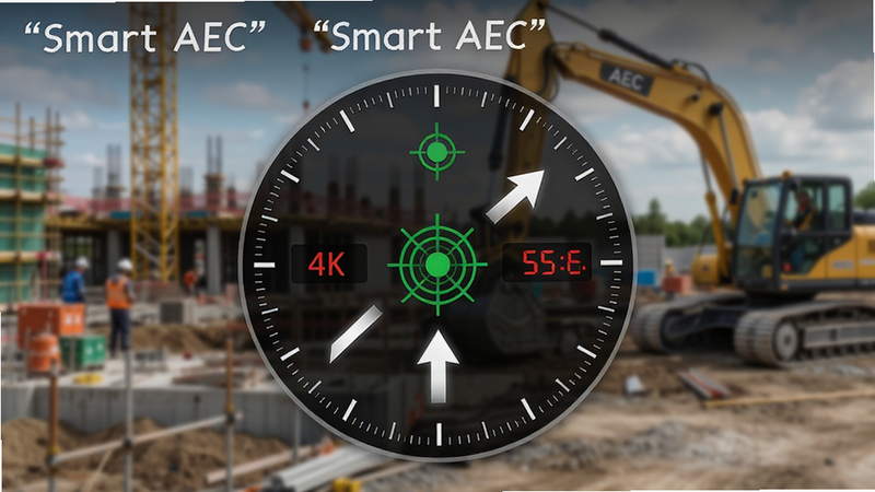 主体为 Smart AEC 放样导航界面,布局中心为大型虚拟罗盘与距离指示器,背景为模糊的施工现场实景,排版突出数字显示区域,风格为工业实用主义,细节包含绿色目标点图标、白色指引箭头、红色偏差数值,画质 4k 清晰,干净无杂乱背景,文字加引号“Smart AEC”