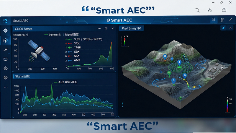 主体为 Smart AEC 软件界面全景展示,布局采用左右分栏结构,左侧显示 GNSS 卫星状态与信号强度图表,右侧为三维地形模型视图,排版清晰有序,风格为现代科技蓝色调,细节包含实时坐标读数、测量点标记及工具栏图标,画质 8k 高清,干净无多余元素,文字加引号“Smart AEC”