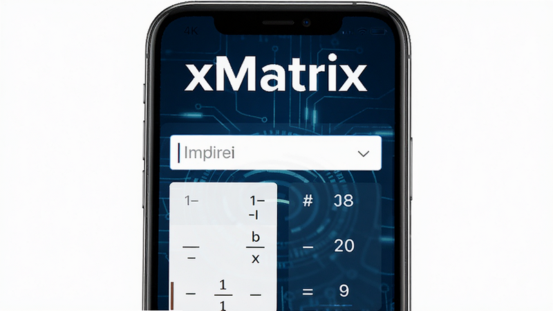 一张高清的智能手机屏幕截图,屏幕中央显示着 xMatrix 应用的主界面,背景为深蓝色科技风,界面上有清晰的矩阵输入框和计算结果区域,文字“xMatrix”以白色大号字体显示在顶部,整体布局简洁现代,画质 4k,无多余元素,干净利落