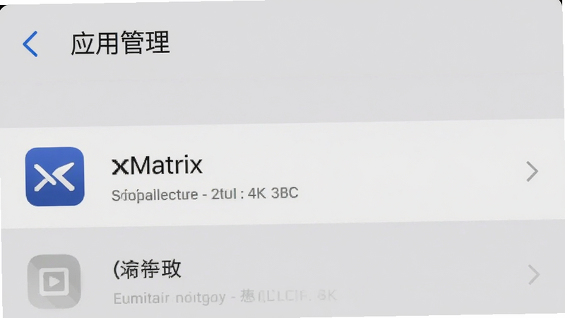 手机设置界面截图,显示“应用管理”选项,其中 xMatrix 应用被高亮选中,背景为浅灰色,文字清晰,风格扁平化,画质 4k,无多余元素