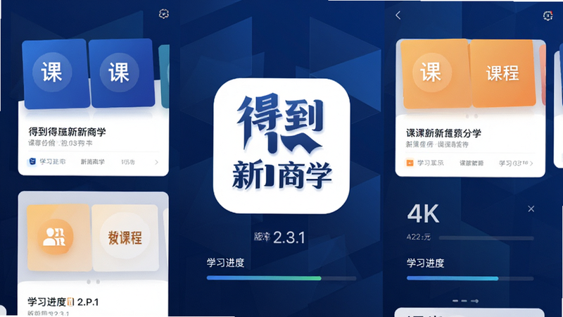 主体为得到新商学APP界面核心展示图,布局采用中心对称式,中间突出显示