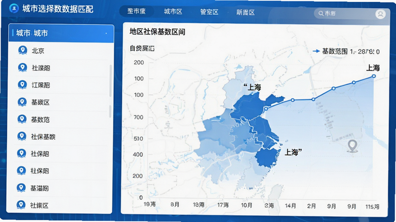 主体为城市选择与数据匹配界面,布局为左侧城市列表,右侧展示对应地区的社保基数区间图表,排版整齐,风格科技感蓝白配色,细节包含地图图标和数据折线图,文字加引号如“北京”、“上海”、“基数范围”,画质清晰,无多余装饰
