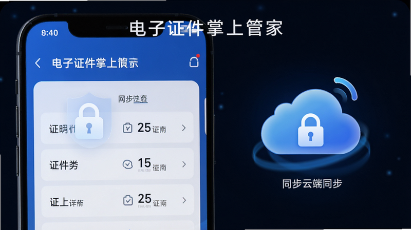 主体为“电子证件掌上管家”APP的功能演示图,布局展示证件分类界面与云端同步图标,排版简洁直观,风格科技感强,细节包含锁形安全图标与云朵同步动画,画质高清,干净,无多余元素