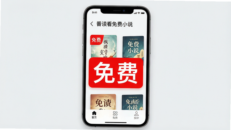 一张高清的手机界面展示图,主体为“番读看免费小说”APP的主界面,背景为干净的浅灰色,界面中央显示着醒目的红色“免费”标签和几本精美的书籍封面缩略图,底部导航栏清晰可见,整体风格简约现代,光影柔和,高清画质,无多余元素,文字清晰可读