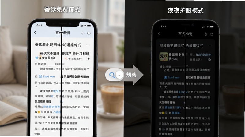 手机分屏对比图,左边是白天明亮模式下的阅读界面,右边是深夜黑色护眼模式下的界面,中间用箭头连接表示切换,突出“番读看免费小说”在不同光线下的自适应能力,背景虚化以突出手机主体,高清写实风格,细节精致